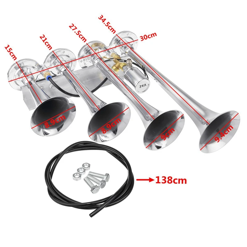 12 V/24 V 185Db 4/четыре супер труба Хром Авто Воздушный Рог Комплект для передних и задних фонарей грузовик поезд лодка яхта внедорожник велосипед 60-150 фунтов на квадратный дюйм