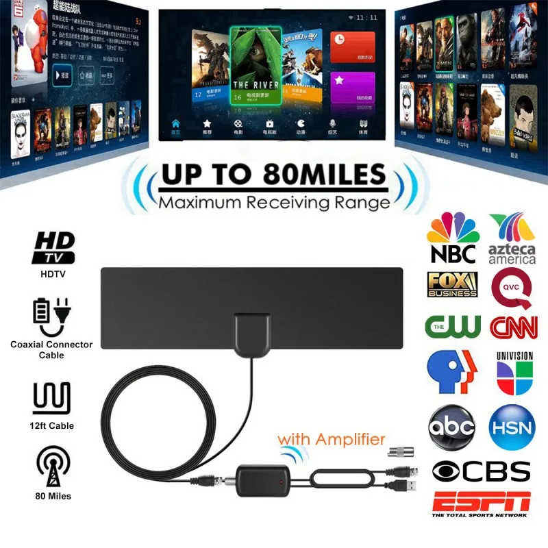 HD Digital TV Antenna Support 4K 1080P VHF UHF Freeview Local Channels With Detachable Amplifier Signal Booster 12ft Coax Cable |