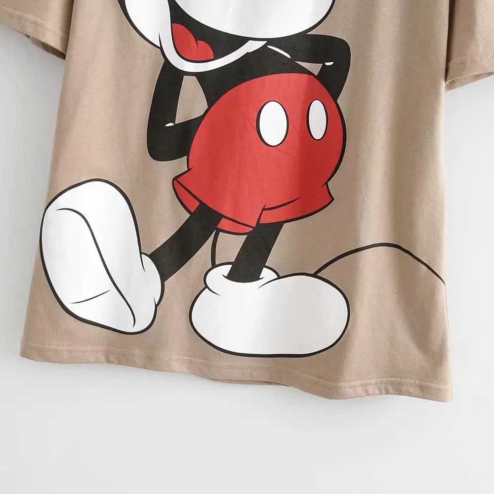 Дисней милый Микки Маус мультфильм печати шик футболка o-образным вырезом Пуловер короткий рукав Повседневная мода Женская свободная футболка хаки Топы