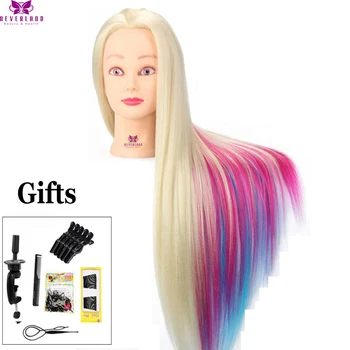 

NEVERLAND 70CM Long Thick Hair Hairdressing Doll Mannequin Head for Hairstyles Colorful Pink Braiding Dummy Training Head + Gift
