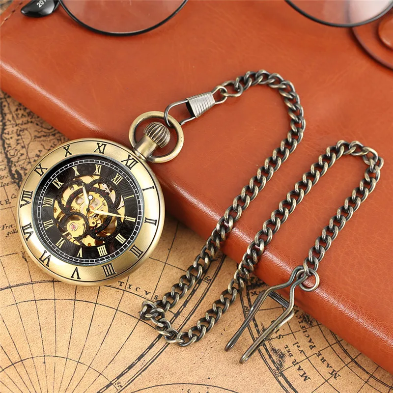 Bronze/Silver/Black Carving Roman Numerals Design Mechanical Hand-Winding Pocket Watch for Men Women Pendant Chain Clock Gift