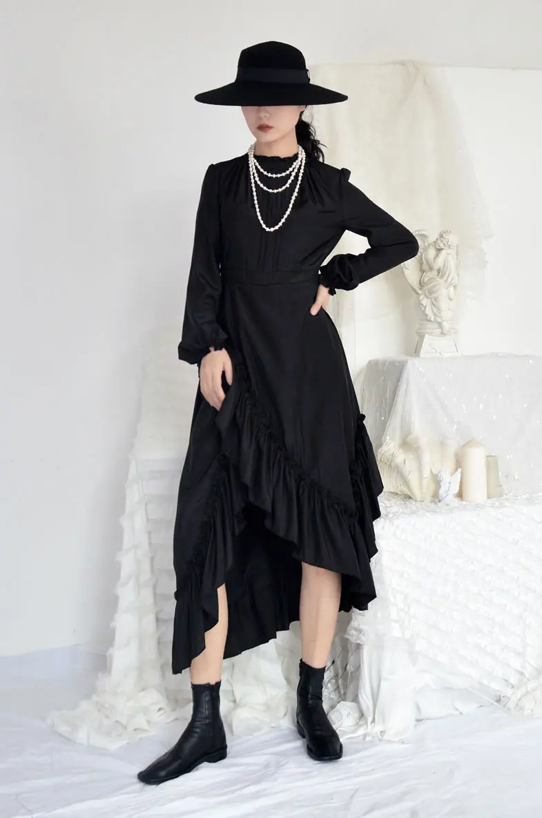 XITAO Pleated Irregular Dress Women Fashion New Autumn High Waist Cascading Ruffle Full Sleeve Minority Dress DMY1175