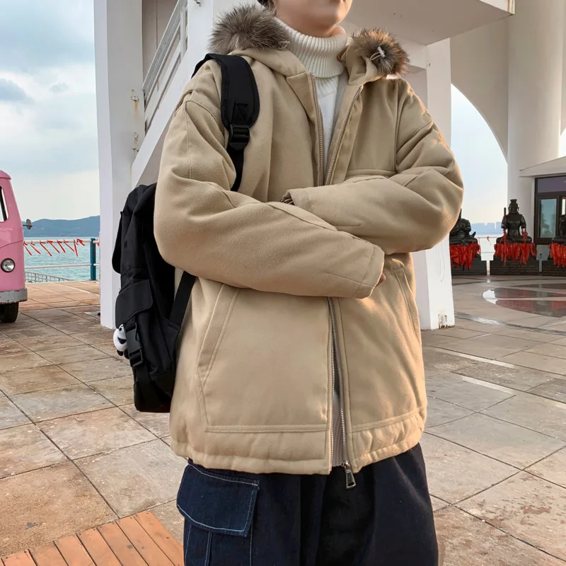 

Winter Jacket Men's Parka Warm Fashion Casual Fur Collar Hooded Coat Men Streetwear Loose Cotton Thick Short Coat Mens Clothes