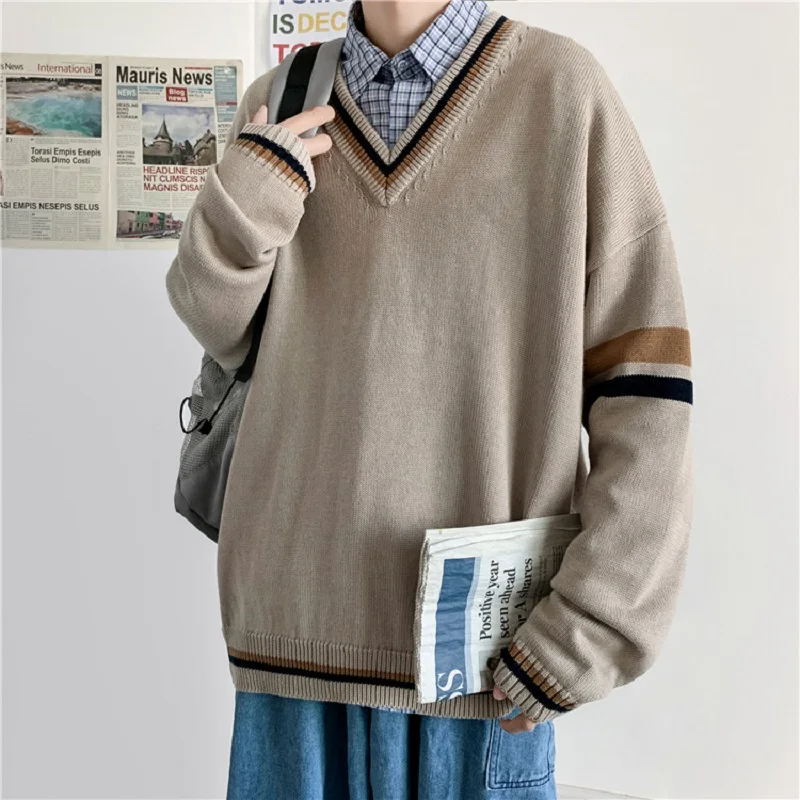 

Autumn new ins street color matching V-neck sweater pullover long-sleeved sweater loose trendy male spot