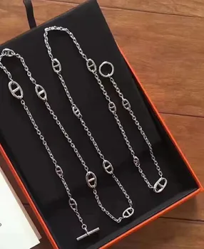 

Luxury brand Jewelry H lock necklace For Women Long Chain Necklace silver color Sweater Chain Necklace pig nose Pendant