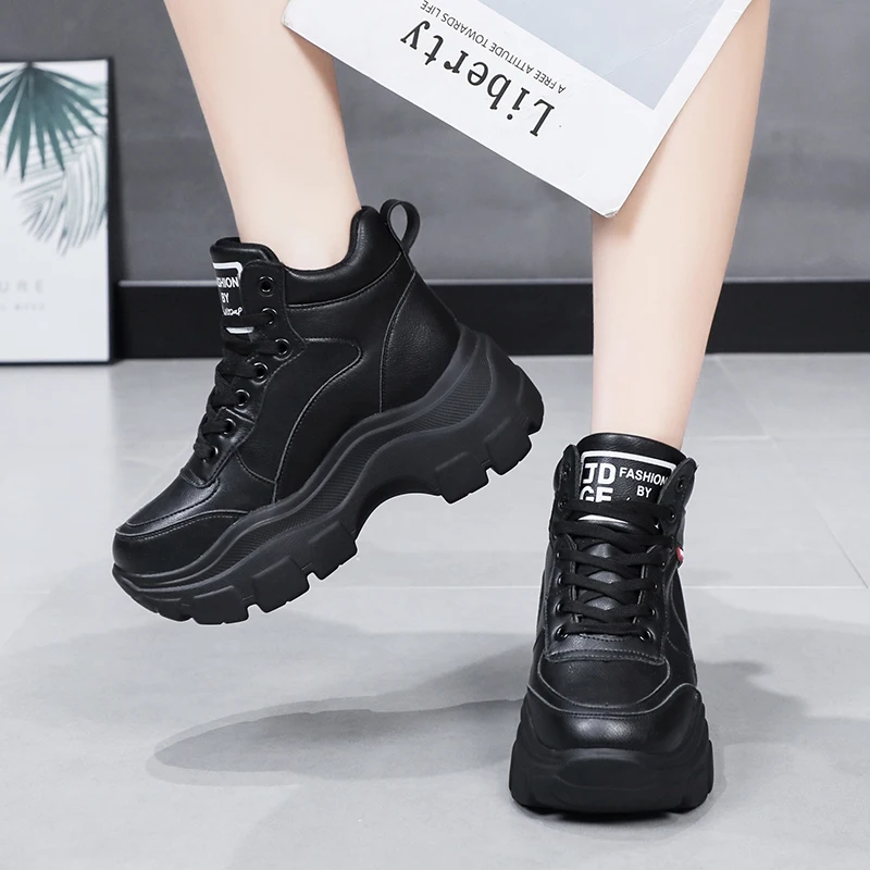 6CM Platform Sneakers Women Fashion High Top Leather Casual Shoes Lace Up Thick Bottom Ladies Shoes Leisure Women Sneaker XU193