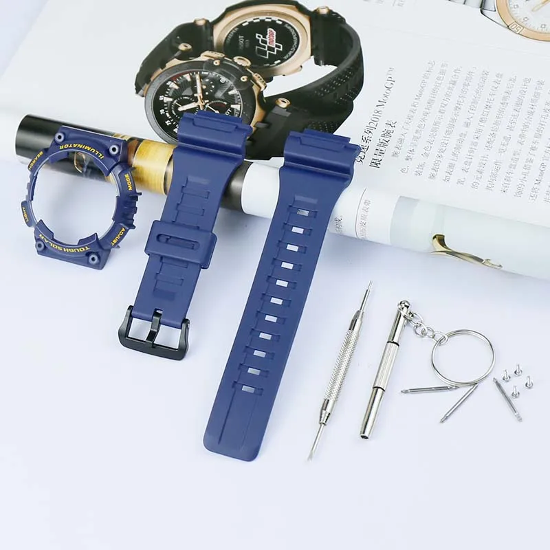 Watch accessories men's and women's resin strap for Casio watches with case AQS810W silicone rubber bracelet watch with case - Band Color: Dark blue yellow