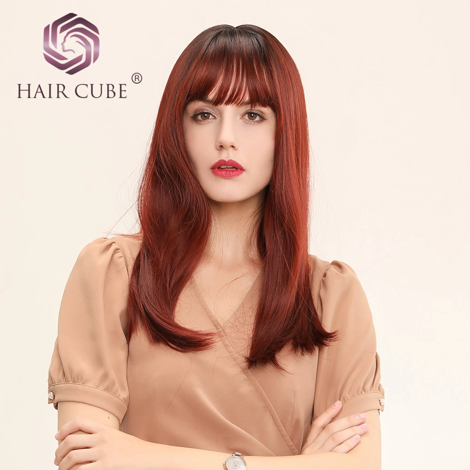 

Haircube 20 Inch Synthetic Straight Hair Wig with Natural Bang Wine Red Ombre Brown 2 Color High temperature Fiber Wig for Women