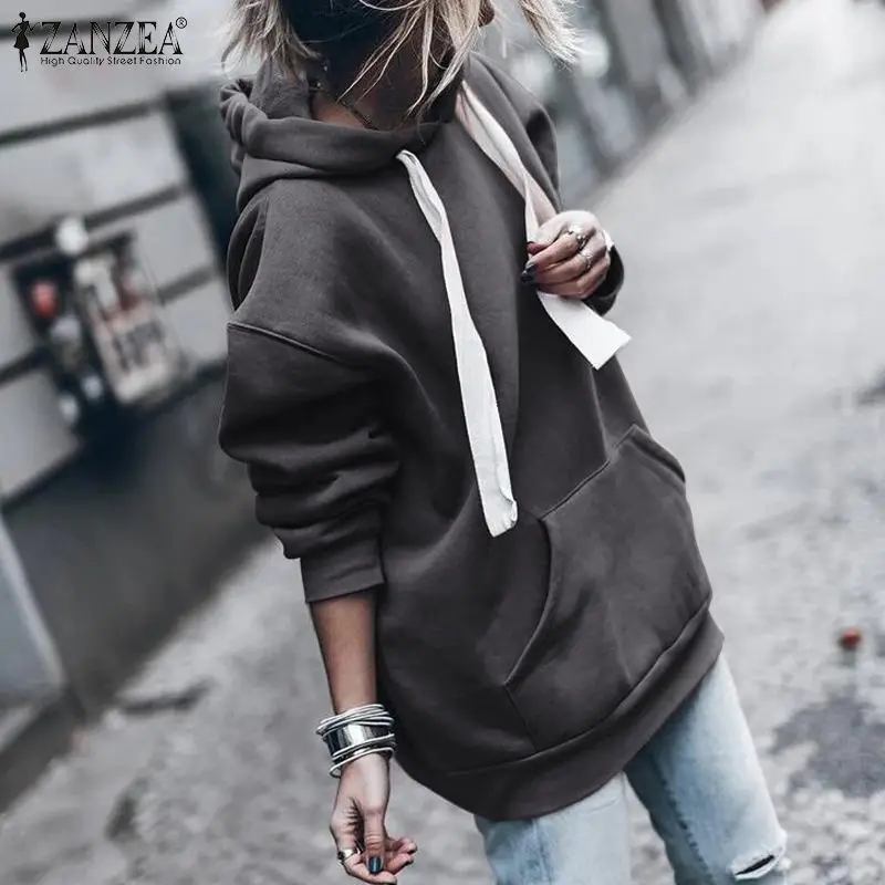 Promo  ZANZEA Autumn Women Hoodies Sweatshirts Pockets Pullover 2019 New Fashion Long Sleeve Strappy Hoodi