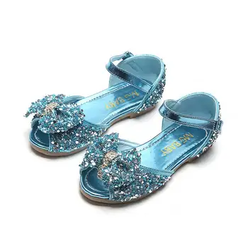 

Elsa Princess Kids Leather Sandals For Girls Flower Casual Glitter Children Flat Heel Girls Shoes Knot Blue Pink Silver Sandals