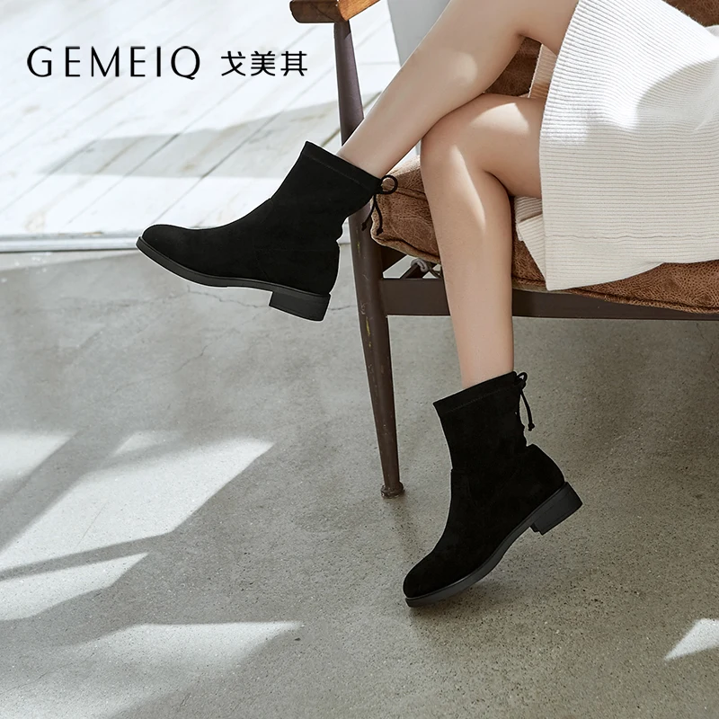 GEMEIQ Winter New Women's Boots Butterfly Decoration Round Head Socks Boots Children Flat Bottom Comfortable Women's Boots