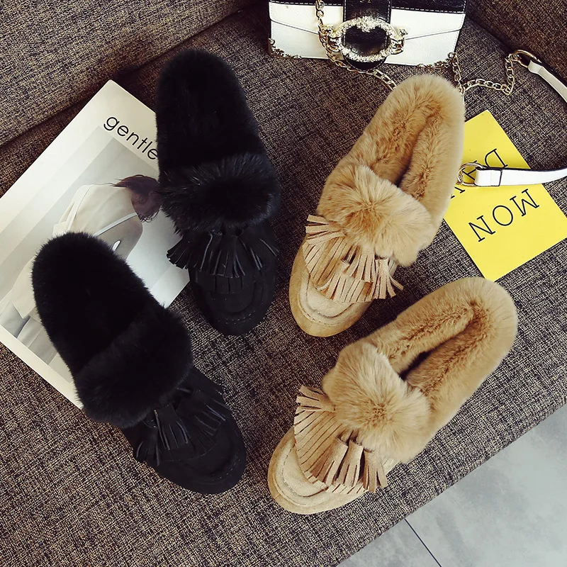 Женская зимняя обувь с бахромой; обувь на плоской подошве с кроличьим мехом; нескользящие Туфли-оксфорды на платформе; пушистые тапочки; большие размеры 43; лоферы с хлопковой подкладкой и бантом; женская обувь; 608