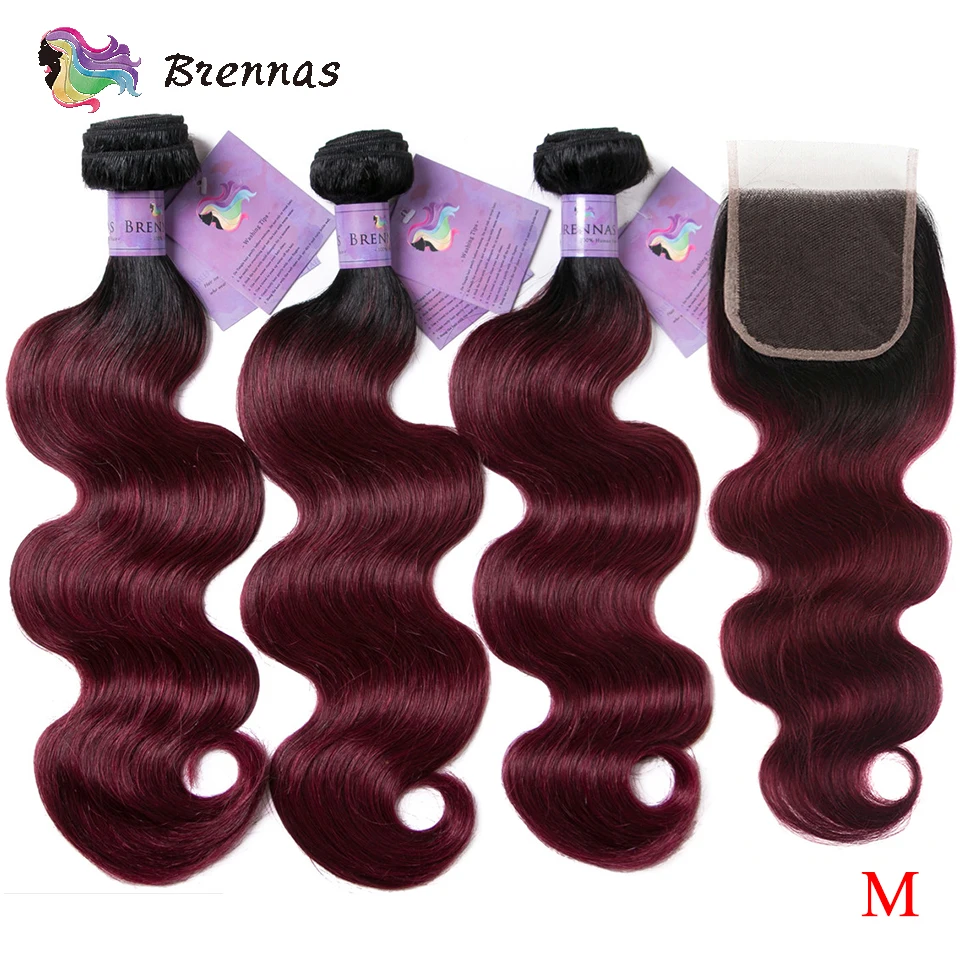 

Brennas Ombre Bundles with Closure Middle Ratio Brazilian Body Wave natural Human Remy Hair 3 Bundles with Lace Closure 1B/99J