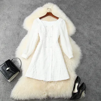 

European and American women's wear 2020 autumn new style Bud silk long sleeve Double-breasted button fashion tweed dresses