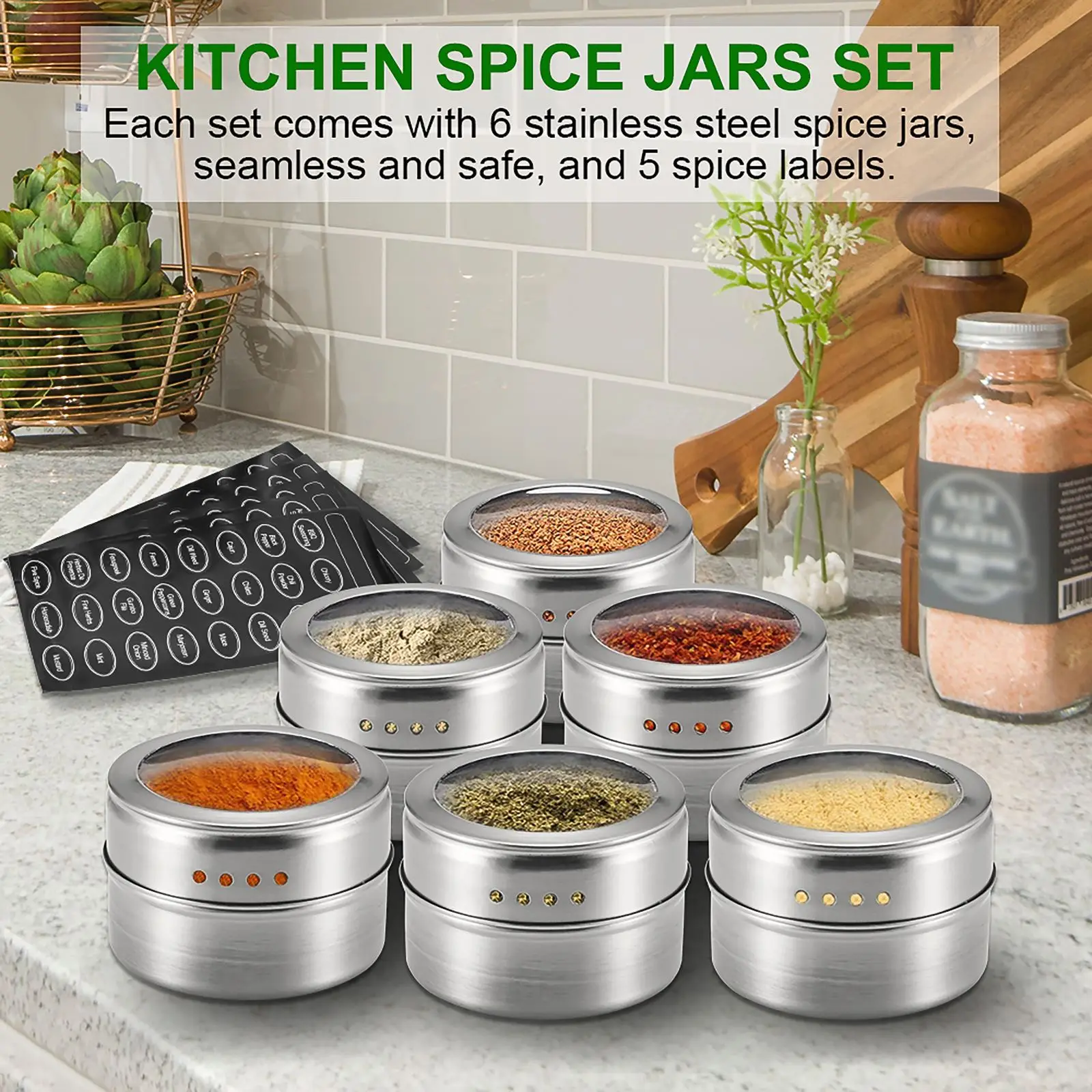 6 PCS Stainless Steel Seasoning Pot Set Spice Jar Condiment