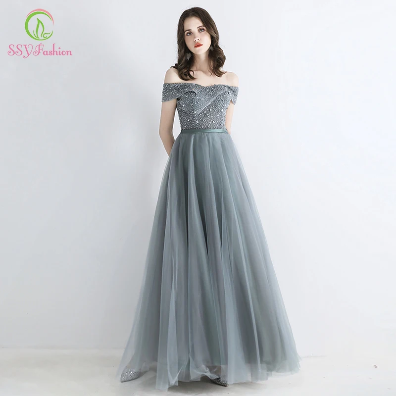 

SSYFashion 2019 New Evening Dress Banquet Elegant Boat Neck Sequins Beading Floor-length Prom Formal Gowns Custom Robe De Soiree