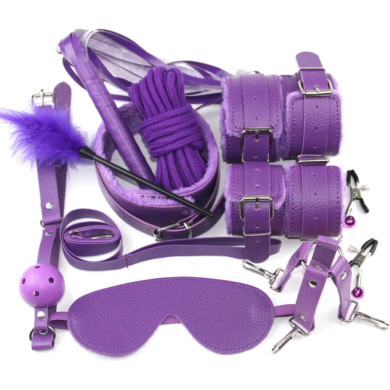 Sexy plush 10-piece set couple flirt props leather handcuffs adult supplies alternative toys