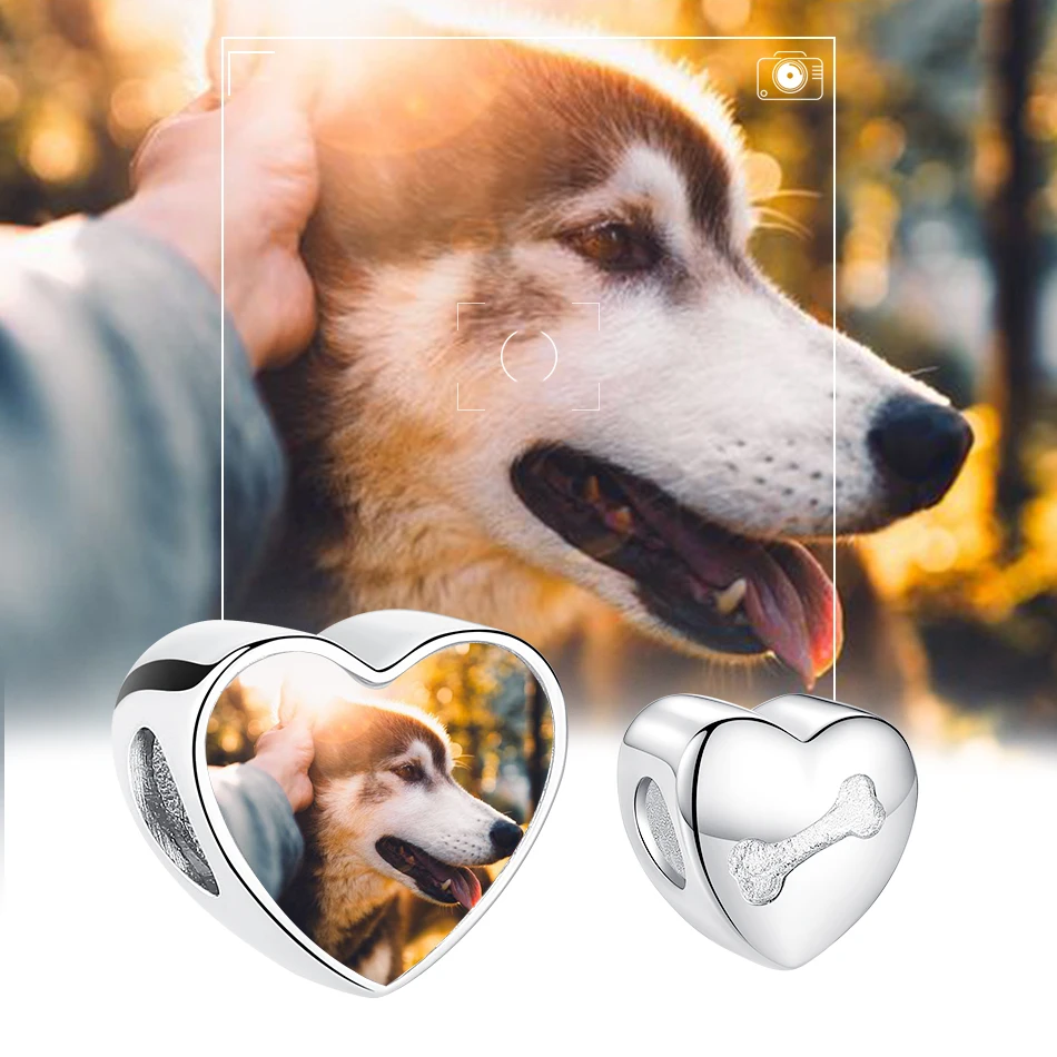 

ELESHE 925 Sterling Silver Dog Bones Heart Beads Personalized Custom Photo Charm Fit Original Bracelet Women Fine Jewelry