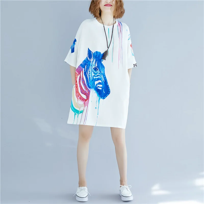 

2019 New Summer Dress Women's Dress Cato Short Mouw Casual Mode Cartoon Print Dress Large Size Loose Dresses LU784