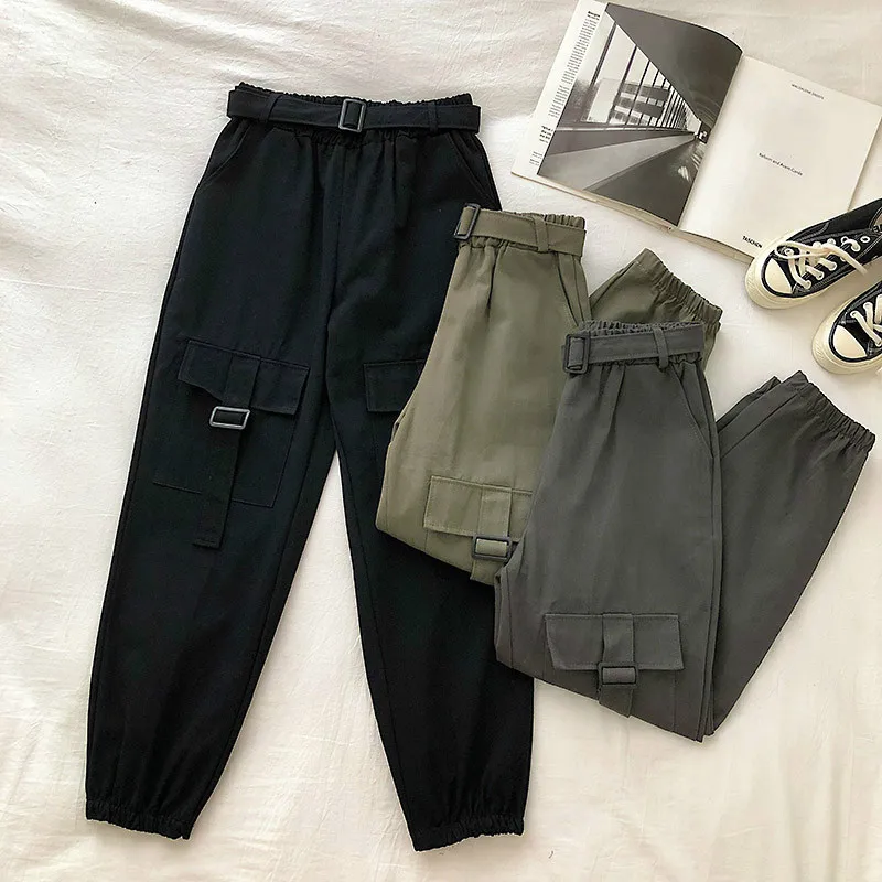 Neploe Multi-pocket Ankle Cargo Pants Women Fall/winter New Korean Elastic Waist Trousers Casual Harem Pant with Belt 55181