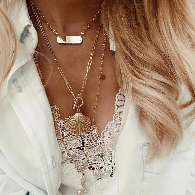 

Summer shell pendant necklace for women bohemian gold color metal chain scallop statement necklaces fashion jewelry 2019 collana
