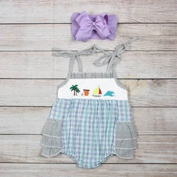 Vêtements d'été pour filles, écharpe rayée noire, voile de cocotier et motif brodé de vagues, barboteuse pour bébé en bas âge 