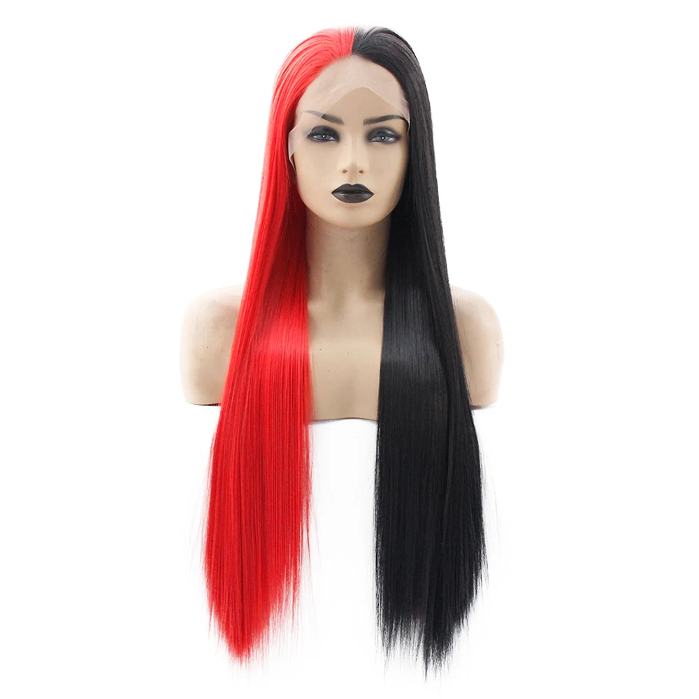 V'NICE половина черный половина оранжевый парик на кружеве для женщин Косплей натуральный Glueless прямые синтетические парики термостойкие волосы