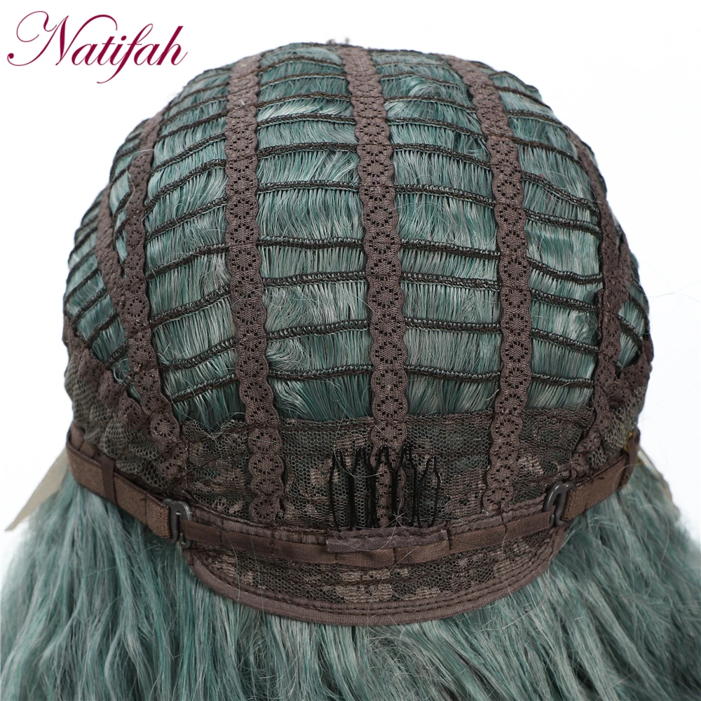 Natifah зеленый парик, длинные вьющиеся волны, 150% плотность, синтетический парик на кружеве, 28 дюймов, для женщин, средняя часть, глубокая волна, парик