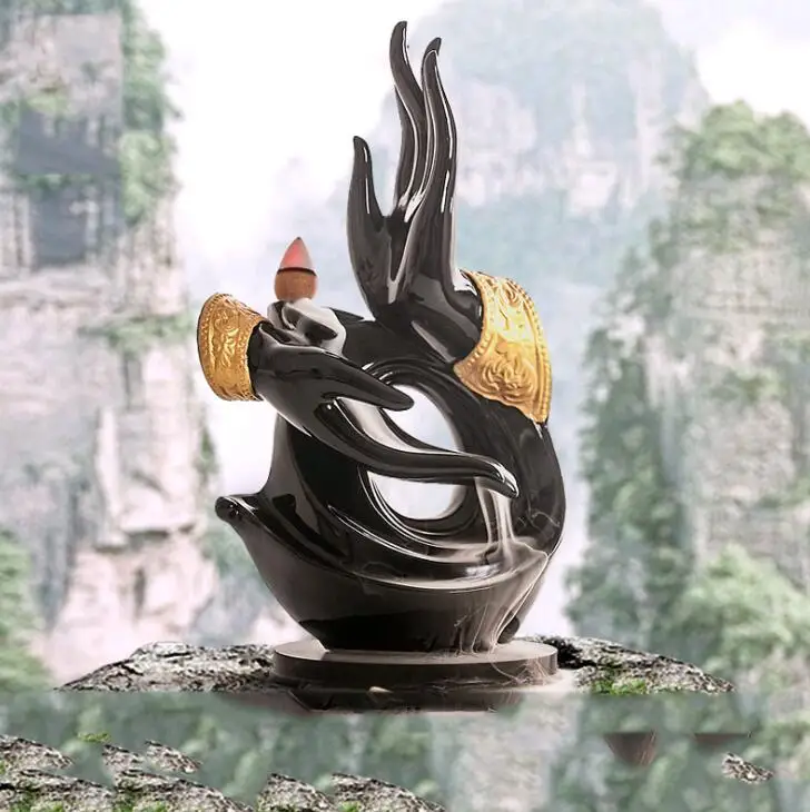 Feng Shui GuanYin Buddha Hand Zen Yoga Waterfall Backflow Incense Burner Base Craft Gift Decoration Tea Holder | Дом и сад