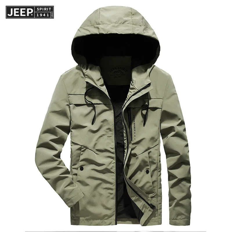Бренд JEEP SPIRIT, осенняя мужская куртка, модная, с капюшоном, воротник, ветровка, одноцветная, осеннее пальто, для мужчин, быстро сохнет, мужские куртки, S-4XL - Цвет: Pea Green