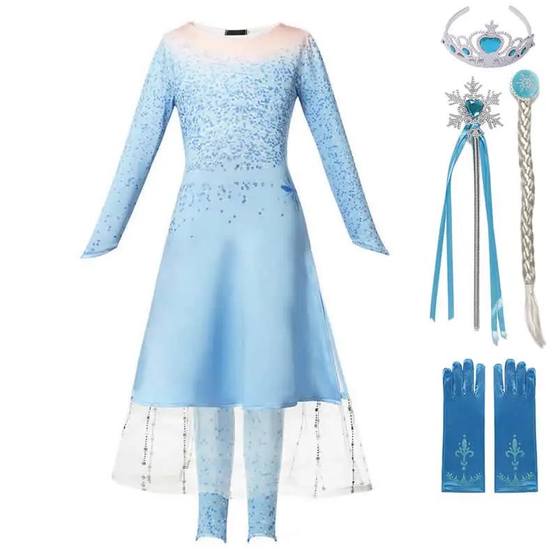 Новое платье Эльзы для девочек зимние костюмы, светильник, комплект из 3 предметов одежда с принтом снежинки фатиновые платья с длинными рукавами и открытой спиной - Цвет: Dress A Sets 3