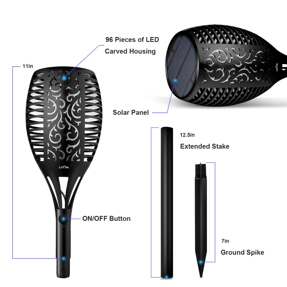 4 Pack LITOM 96 LED Solar Powered Light Torch Dancing Flame Flickering Light Atmosphere Light for Xmas Path Patio Beach Garden (3)