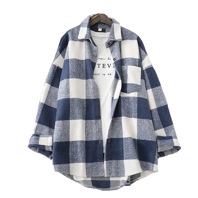 2021 New Plaid Shirts Women Top and Blouses Long Sleeve Pure Woolen Ladies Casual Blusas One Pocket Loose Female Checked Shirt 1