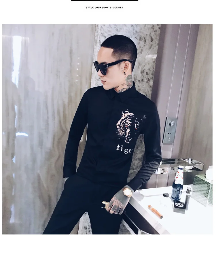 Уличная принт тигра Slim Fit Повседневное рубашки вечерние Одежда Мужская рубашка бренд 2019 Осенняя рубашка с длинными рукавами Для мужчин
