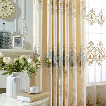 

European High-end Shading Beige Embroidery Curtains for Living Dining Room Bedroom