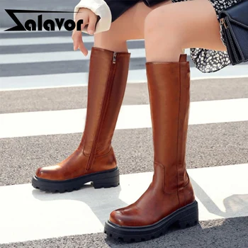 

ZALAVOR Size 34-43 Women Knee Boots Pu Round Toe Side Zipper Flats Shoes Winter Warm Boots Women Fashion Party Footwear