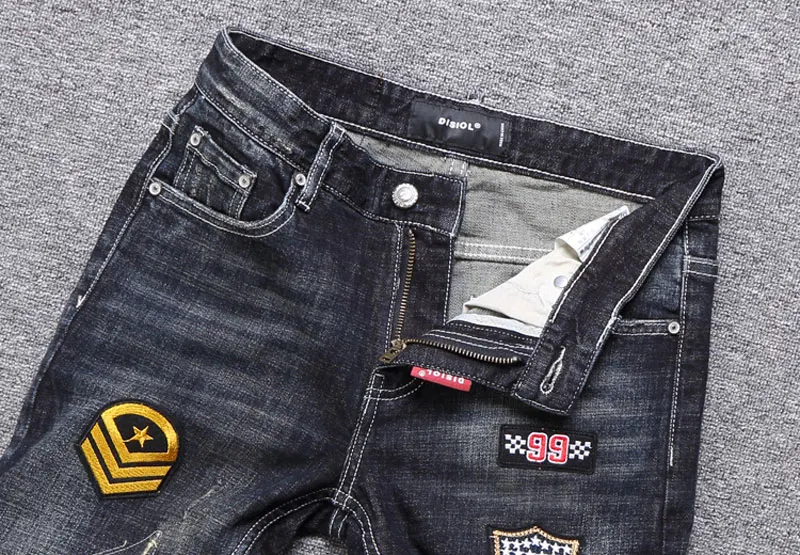 Аппликации стиль дизайнерские мужские джинсы мода уличная синий цвет Slim Fit пуговицы классические джинсы мужские брюки