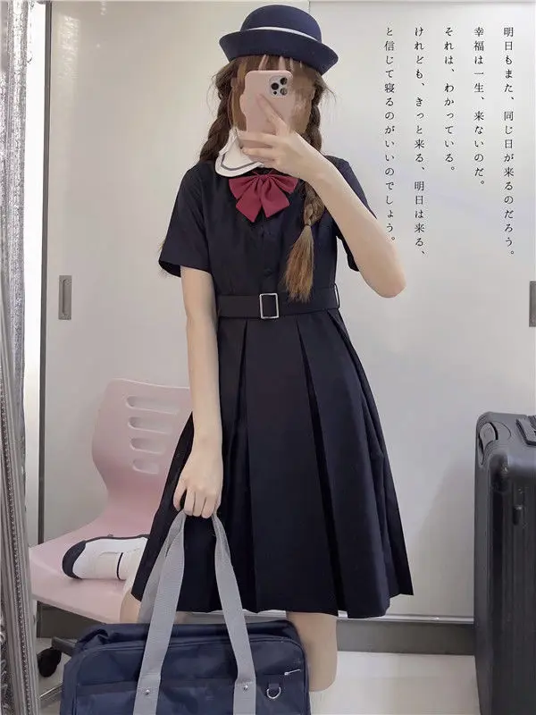 Harajuku Sailor Collar Navy Dress Japanese Lolita Sweet Bow-knot Girl Retro Cotton Kawaii Preppy Style Short Sleeve Dress Women