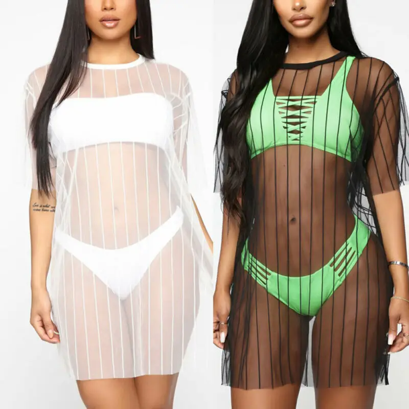 

2019 Summer Swimming Bekimi Cover Up Solid Striped Loose Casual See Through Short Sleeve Above Knee Casual Sexy Bathing Suit