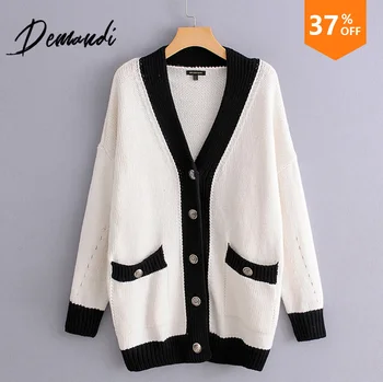 

DEMANDI Woman's sweater loose fall 2019 new casual commuter V-neck single-row button-down long-sleeved collision color sweater