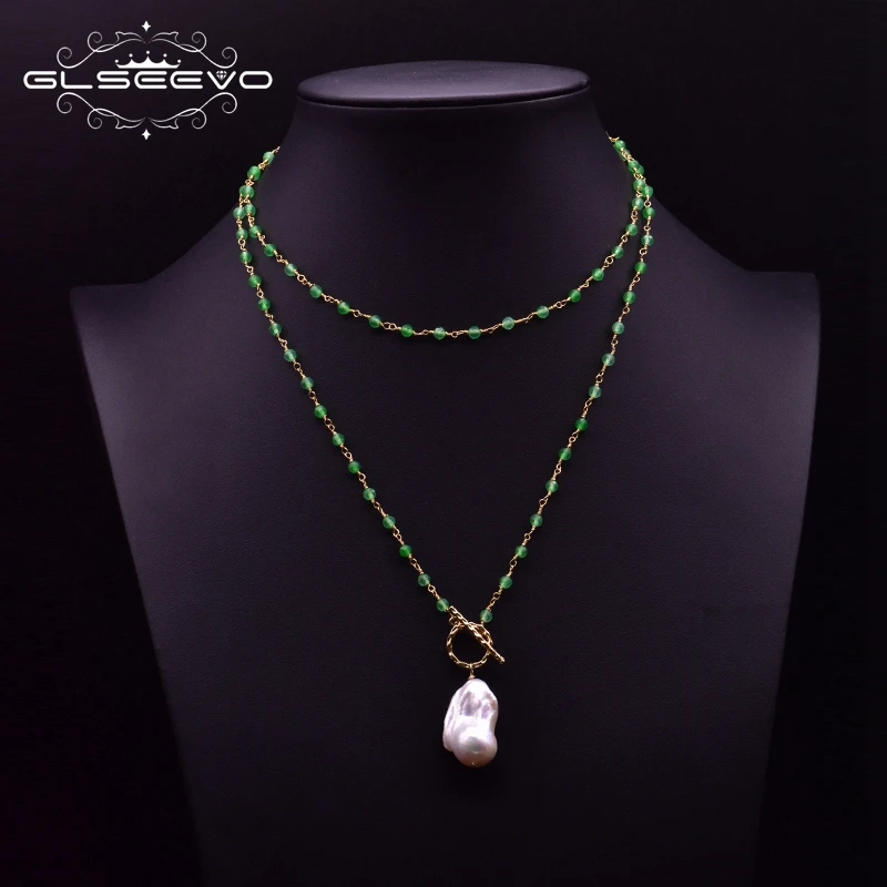 

GLSEEVO Natural Green Agate Double Layer Freshwater Baroque Pearl Pendant Luxury Necklace For Women Party Ethnic Jewelry GN0216A
