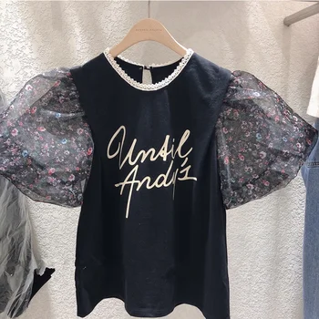 

Korean Style Fashion Women Top Wild Cotton Printed Letter Stitching Puff Sleeve Short Sleeve Summer Ladies T Shirts New 2020