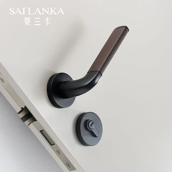

Sai'lanka Magnetic Optional Mute Black&Brown Leather Door Lever Modern Nordic Interior Bedroom Bathroom Wood Door Lock Set