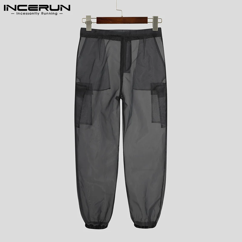 Men Pants Mesh Button Solid Color Sexy See Through Casual Trousers Vacation Breathable Pockets Pantalones Hombre INCERUN wide leg pants men dress pants