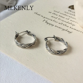 

MLKENLY 100% 925 Sterling Silver Retro trend old color personality circle weave twist earrings for women punk