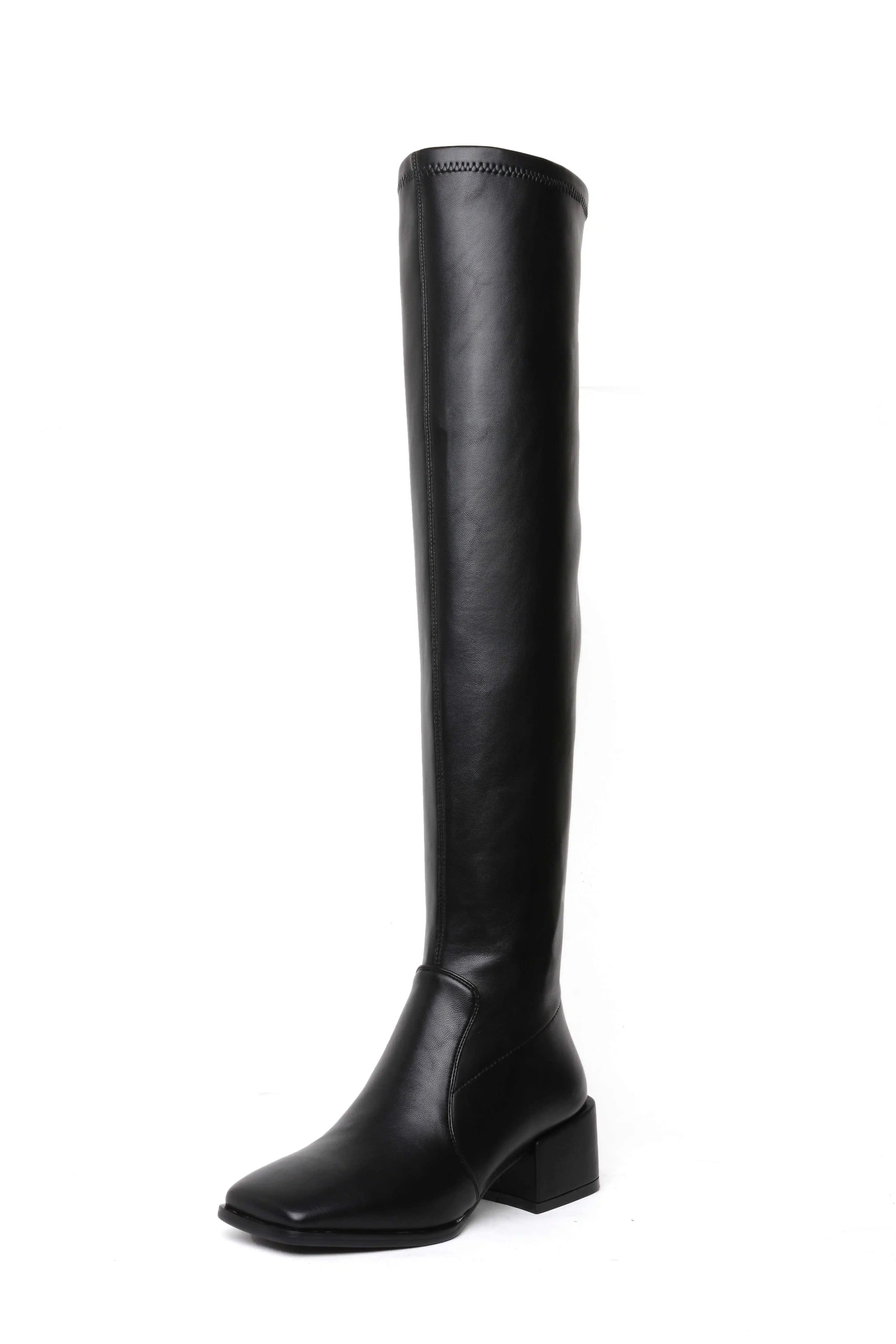 Lenkisen fashion square toe soft flock stretch boots med heels side zip winter women high street fashion thigh high boots L32