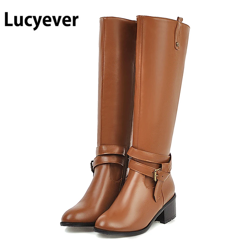 Женские сапоги на толстом каблуке Lucyever коричневые до колена из искусственной