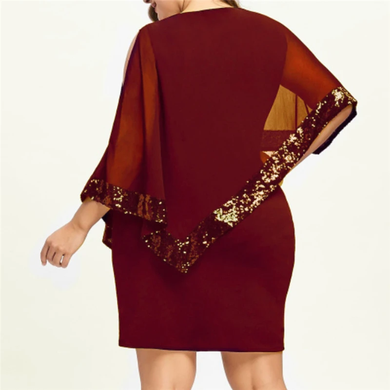 New Fashion Women's O Neck Cloak Sleeve Dress Sequined Slim Dress Ladies Casual Mini Dress Evening Party Dress Summer Plus Size