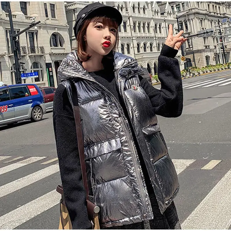 Harajuku вниз хлопок без рукавов короткий жилет Женское пальто зима осень серебро яркий цвет с капюшоном жилеты Женский Уличная верхняя одежда YL343