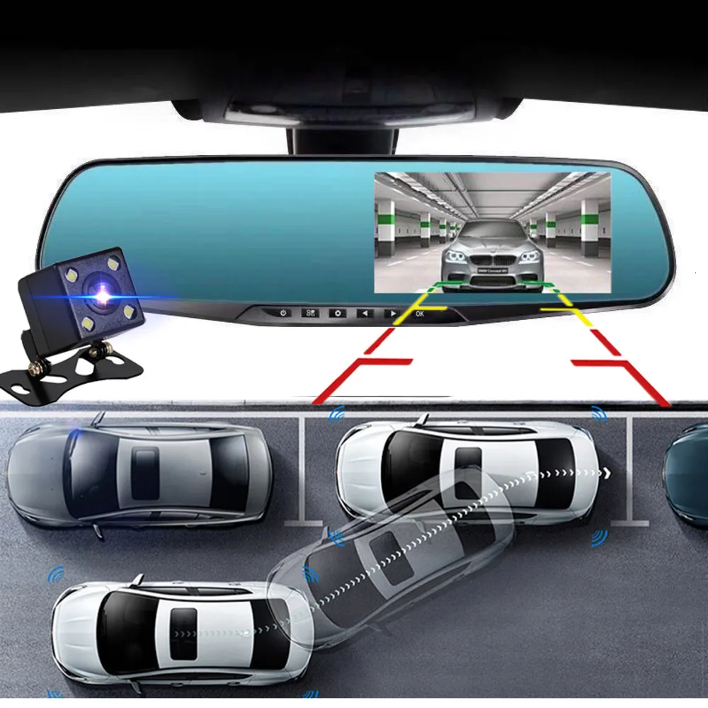 Новейший автомобильный видеорегистратор 4,3 дюймов, видеорегистратор FHD 1080P с двойным объективом, автомобильная зеркальная камера заднего вида с камерой заднего вида, Автомобильный видеорегистратор, видео